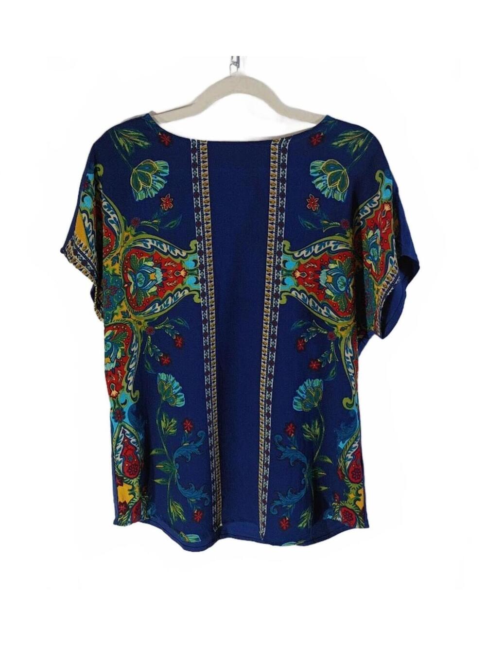 Hannah Blue Floral Patterned Short Sleeve Blouse Size S